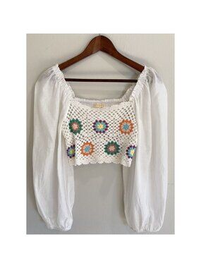 Chrysanthemum Boho Crochet Crop Top Sheer Peasant Sleeve Festival Blouse Women M